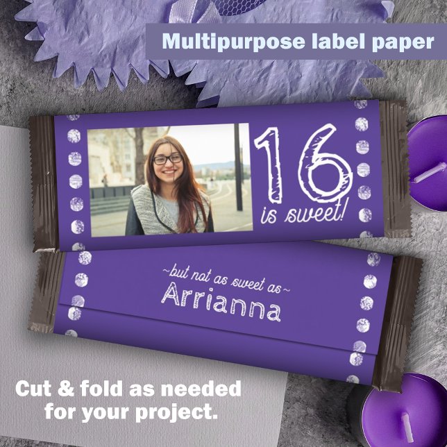 パープルスイート16誕生日キャンディバーラッパ (Purple personalized candy bar label, sweet 16 chocolate bar wrapper customized party candy )