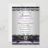 パープルスイート16誕生日パーティシルバーブラックレース 招待状 (裏面)