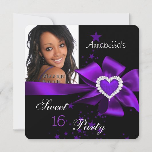 パープルスイート16誕生日パーティーハート写真 招待状 (正面)