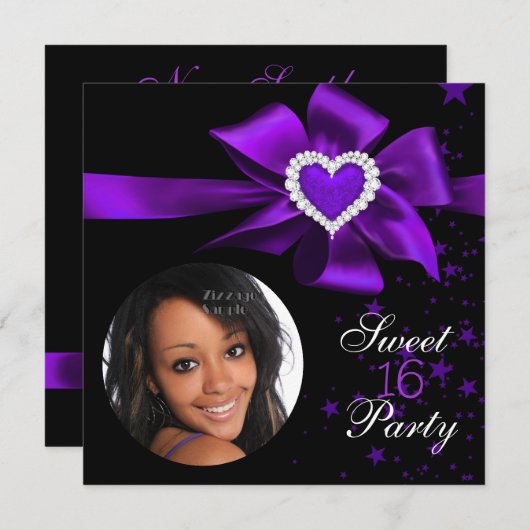 パープルスイート16誕生日パーティーハート写真 招待状 (正面/裏面)
