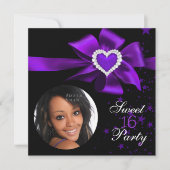 パープルスイート16誕生日パーティーハート写真 招待状 (正面)