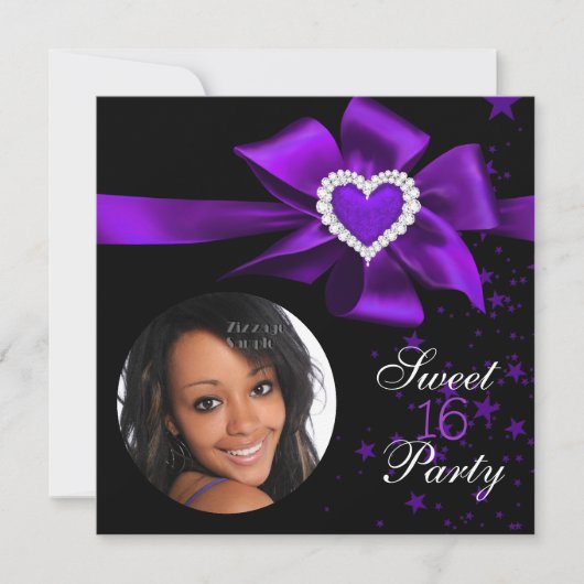 パープルスイート16誕生日パーティーハート写真 招待状 (正面)