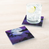 パープルスカイ満月ブラックハロウィーンカラス ガラスコースター (アングル)