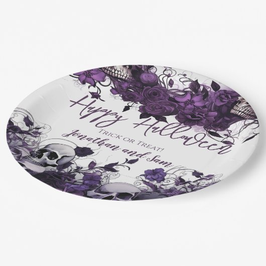 パープルスカルハローウィンパーティ ペーパープレート (アングル)