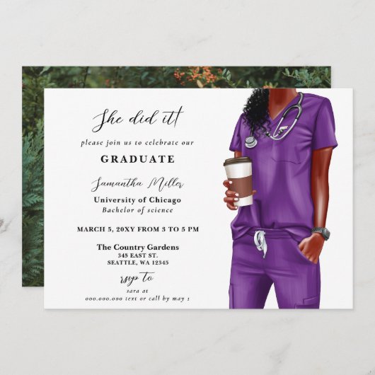 パープルスクラブナース写真彼女はそれを卒業した 招待状 (正面/裏面)