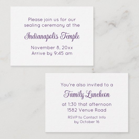 パープルスクリプトテンプルシーリング&ミール招待状 エンクロージャーカード (正面/裏面)