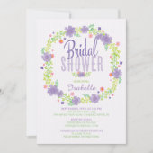 パープルスタイリッシュピンクフローラリースブライダルシャワー 招待状 (正面)