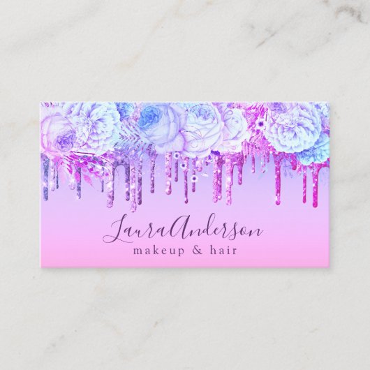 パープルスタイリッシュフローラグリッタードリップメイクアップ&ヘア 名刺 (正面)