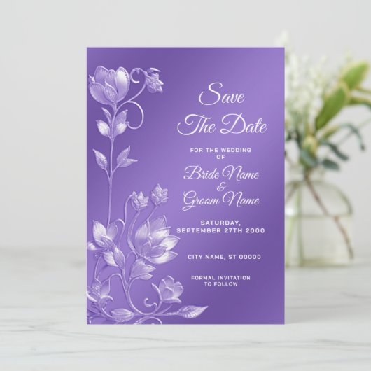 パープルスタイリッシュフローラ保存日付 セーブザデート (スタンド正面)