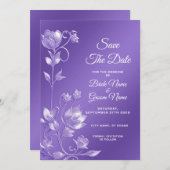パープルスタイリッシュフローラ保存日付 セーブザデート (正面/裏面)