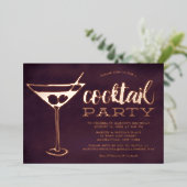 パープルスタイリッシュマルティニグラスカクテルパーティー 箔招待状 (立ち正面)