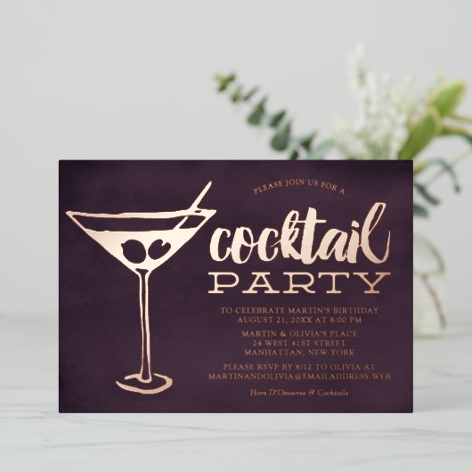 パープルスタイリッシュマルティニグラスカクテルパーティー 箔招待状 (立ち正面)