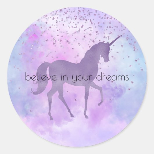 パープルスターズ紙吹雪水彩ユニコーン ラウンドシール (正面)