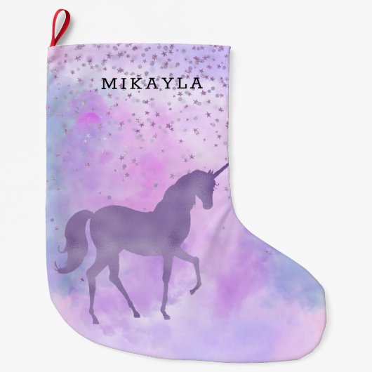 パープルスターズ紙吹雪水彩ユニコーン ラージクリスマスストッキング (正面)