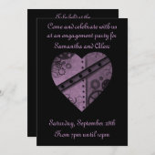 パープルスチームパンクハート婚約パーティブライダル 招待状 (正面/裏面)