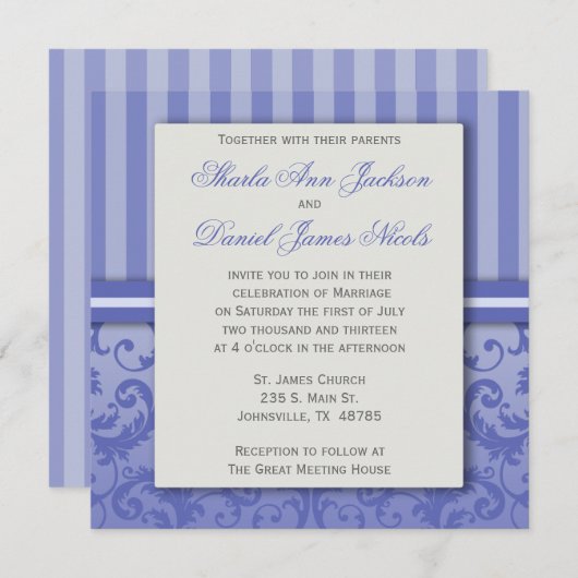 パープルスティプダマスクウェディング招待状 招待状 (正面/裏面)