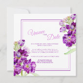 パープルストックの花のアートウェディング 延期のお知らせ 招待状 (正面)