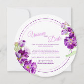 パープルストックの花の結婚式の保存できない日付ラウンド 招待状 (正面)