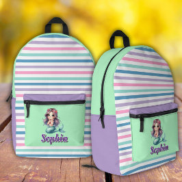 パープルストライプのとミントマーメイドプリントカットソーバッグ プリントバックパック