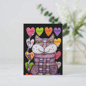 パープルストライプのキャットグリーンアイズブライトキャンディハート ポストカード (スタンド正面)