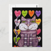 パープルストライプのキャットグリーンアイズブライトキャンディハート ポストカード (正面/裏面)