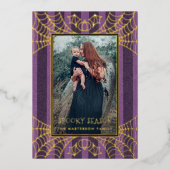 パープルストライプのクモの巣 ハロウィン写真 箔シーズンカード (正面)