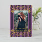 パープルストライプのクモの巣 ハロウィン写真 箔シーズンカード (立ち正面)