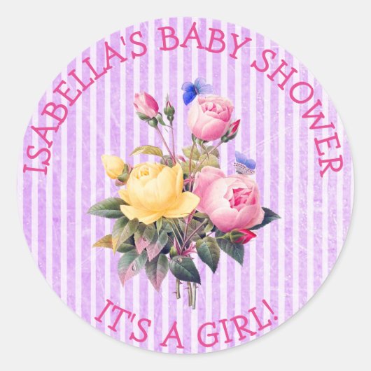 パープルストライプのフローラシック赤ちゃんシャワーステッカー ラウンドシール (正面)
