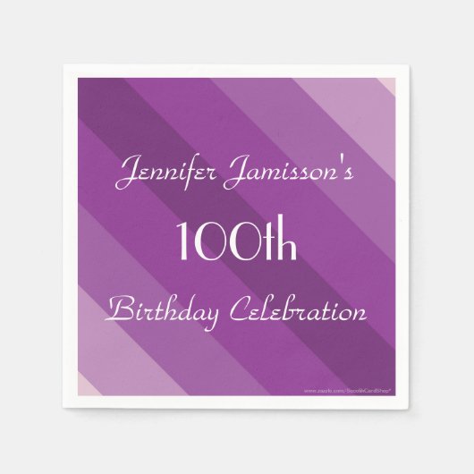 パープルストライプの紙ナプキンス100th誕生日パーティー スタンダードカクテルナプキン (正面)