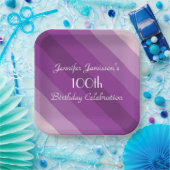 パープルストライプの紙プレート100th誕生日パーティー ペーパープレート (パーティー)