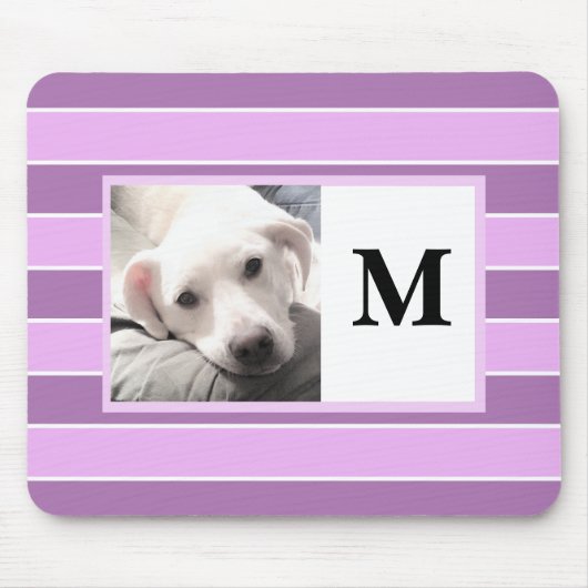 パープルストライプイニシャルカスタムワンフォトカワイドッグ マウスパッド (正面)