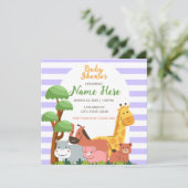 パープルストライプサファリ動物ベビーシャワー 招待状 (スタンド正面)