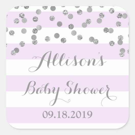 パープルストライプシルバー紙吹雪ベビーシャワーの好意 スクエアシール (正面)