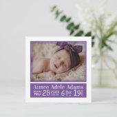 パープルストライプベビーフォト誕生統計 案内状 (スタンド正面)