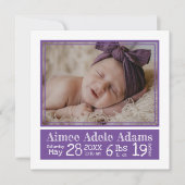 パープルストライプベビーフォト誕生統計 案内状 (正面)