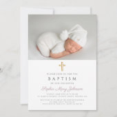 パープルストライプ宗教十字写真バプテスマ 招待状 (正面)