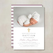 パープルストライプ宗教十字写真バプテスマ 招待状