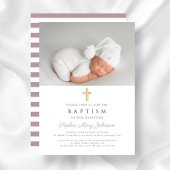 パープルストライプ宗教十字写真バプテスマ 招待状