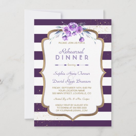 パープルストライプ金ゴールドバイオレットフローラリハーサルディナー 招待状 (正面)