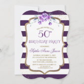 パープルストライプ金ゴールドバイオレットフローラ50誕生日 招待状 (正面)