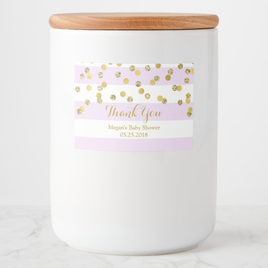 パープルストライプ金ゴールド紙吹雪ベビーシャワーラベル フードラベル (正面)