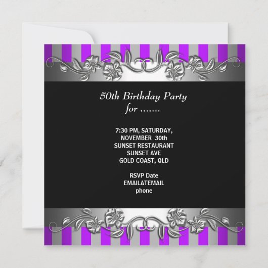 パープルストライプ50と素晴らしい50th誕生日パーティー 招待状 (裏面)