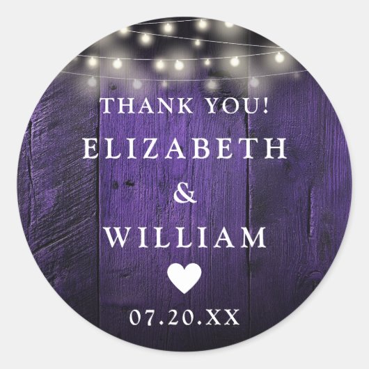パープルストリングライツウ素朴ッド結婚式の引き出物 ラウンドシール (正面)