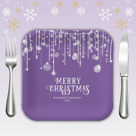 パープルストリングライトクリスマスパーティー ペーパープレート