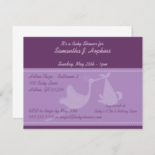 パープルストークベビーシャワー招待状カード 招待状 (正面/裏面)