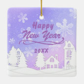 パープルスノーハウスメリークリスマスハッピーニューイヤー セラミックオーナメント (裏面)