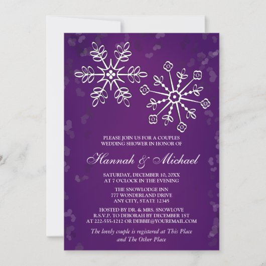 パープルスノーフレークカップルウェディングシャワー 招待状 (正面)