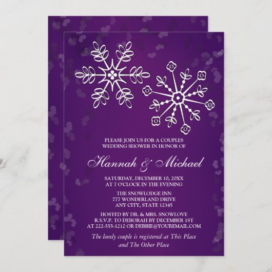 パープルスノーフレークカップルウェディングシャワー 招待状 (正面/裏面)