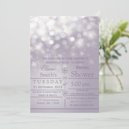 パープルスノーフレークスウィンターブライダルシャワー招待状 招待状 (スタンド正面)