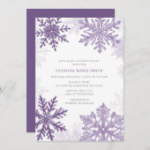 パープルスノーフレークスクリスマスウィンターブライダルシャワー 招待状 (正面/裏面)